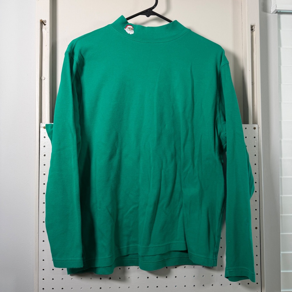 Westbound XL Green Mock Neck Long Sleeve Santa Embroidery Christmas Top Cotton